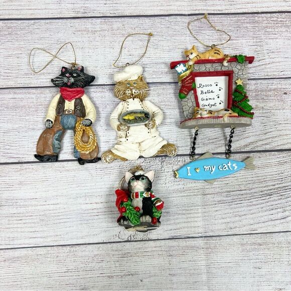 Vintage Set of 4 Cat Kitten Christmas Ornaments Lot Bundle 90s Collectible - Picture 1 of 10